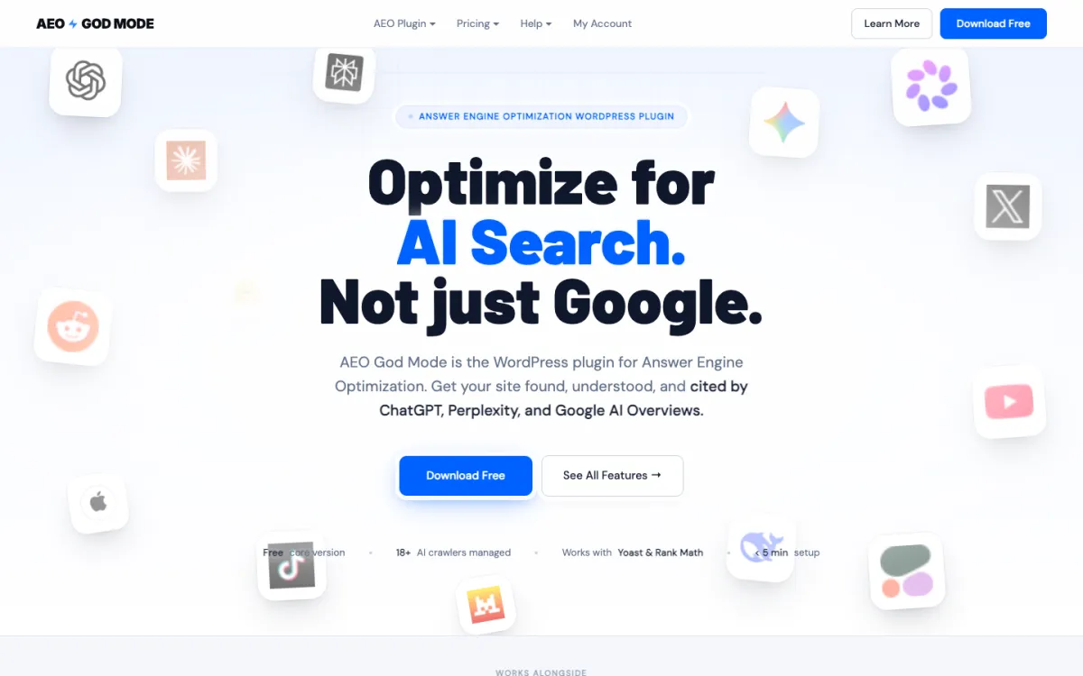AEO God Mode WordPress plugin homepage at aeogodmode.io showing answer engine optimization features