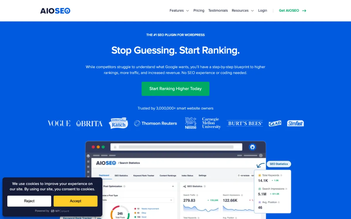 All in One SEO (AIOSEO) WordPress plugin homepage at aioseo.com with WooCommerce features