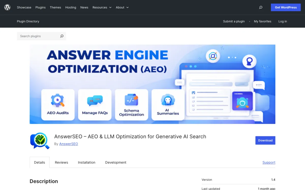 Answer Engine Optimizer WordPress plugin on WordPress.org for in-editor AEO scoring