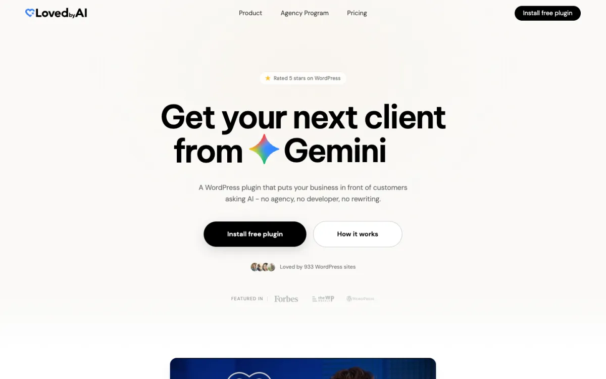 LovedByAI WordPress GEO plugin homepage at lovedby.ai for ChatGPT and Perplexity optimization