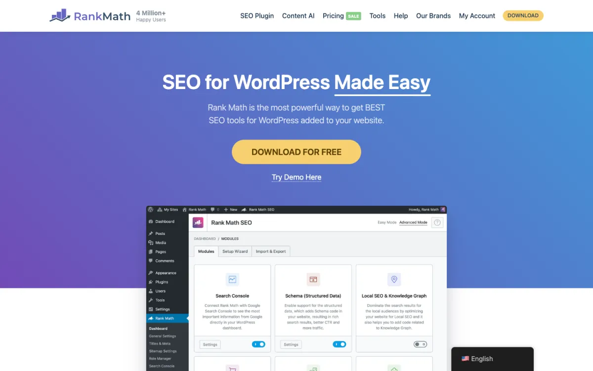 Rank Math SEO WordPress plugin homepage at rankmath.com with AI search and llms.txt features