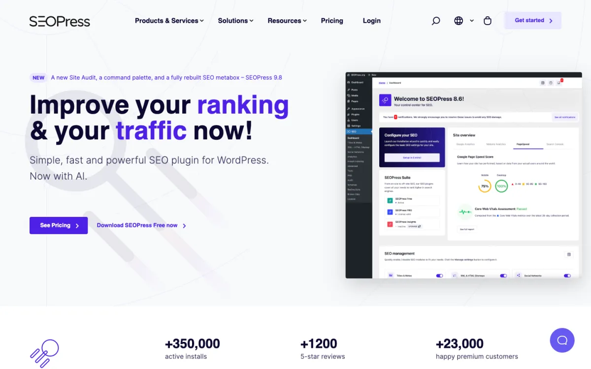 SEOPress lightweight WordPress SEO plugin homepage at seopress.org with multi-provider AI integration