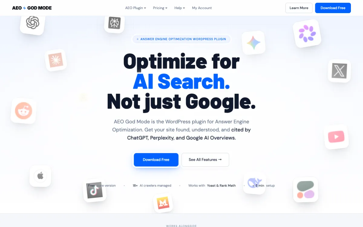 AEO God Mode WordPress plugin homepage at aeogodmode.io built for answer engine optimization