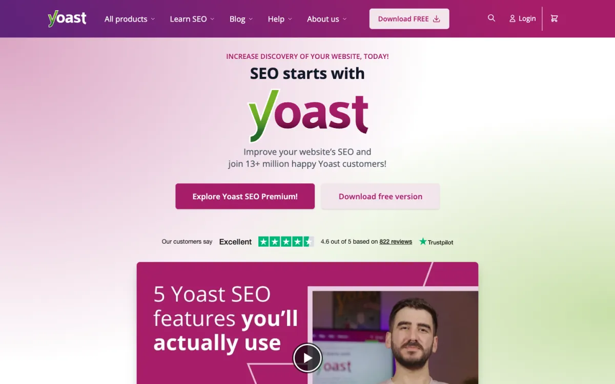 Yoast SEO WordPress plugin homepage at yoast.com with readability analysis and AI Brand Insights